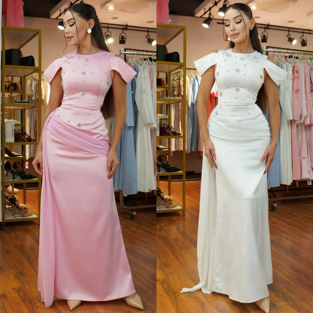 

Customized Simple Charmeuse Pleat Rhinestone Straight Off-the-shoulder Long Dresses Bespoke Occasion Dresses Exquisite Formal