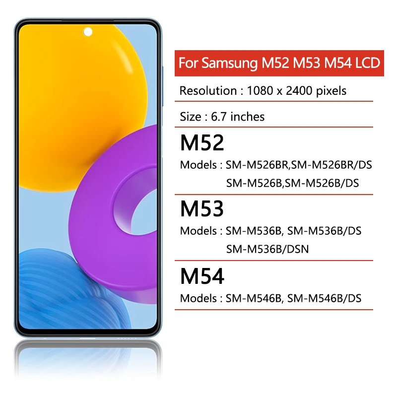 Super AMOLED dla Samsung M52 5G M53 M54 Wyświetlacz LCD z ramką Ekran dotykowy Digitizer dla Samsung M526B M536B M546B — zdjęcie produktu 2