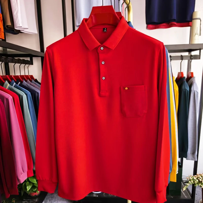 الراقية الاتجاه العلامة التجارية الرجال قميص بولو طويل الأكمام بسيط بلون الجلد ودية الراحة تاج مطرزة جيب تي شيرت جديد #5