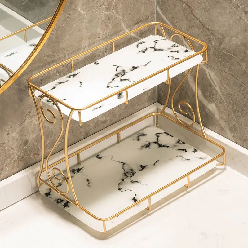 Marbled Glass Base Plate Metal Frame Toiletries Double Layer Storage Rack Dresser Cosmetic Storage Holder Toilet Washbasin Tray