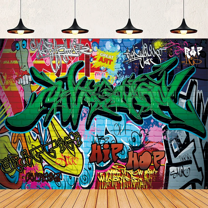 Photography Backdrop Hip Pop Graffiti Retro Brick Wall Radio Background Splatter Gold Chain 80 90 Party Banner Room Decoration