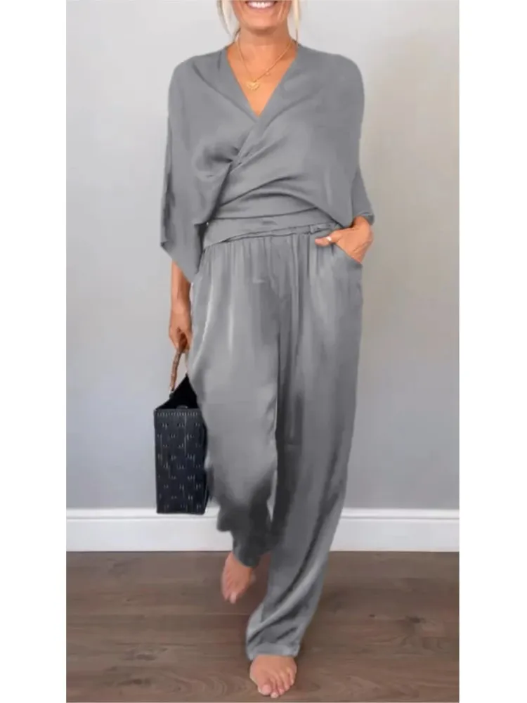 Lady Fashion Solid Set V-Neck Pullover Loose Tops And High Waist Wide Leg Pants Two Piece Sets Women Summer Casual Office Sets