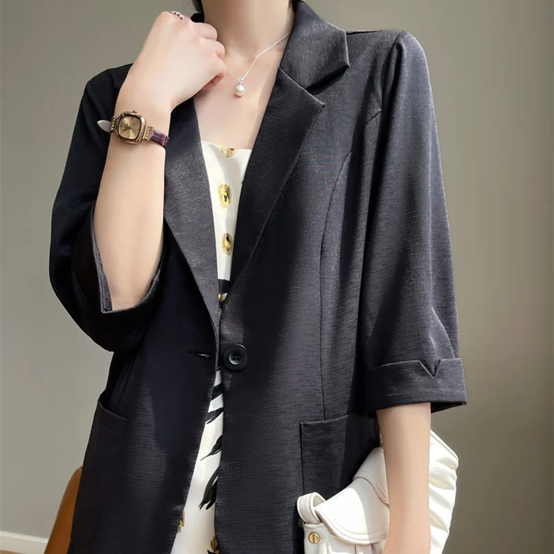 2023 Summer New Cotton Linen Embroidery Thin Suit Collar Regular Sleeve Women's Coat Loose Fit Casual Versatile Thin Suit