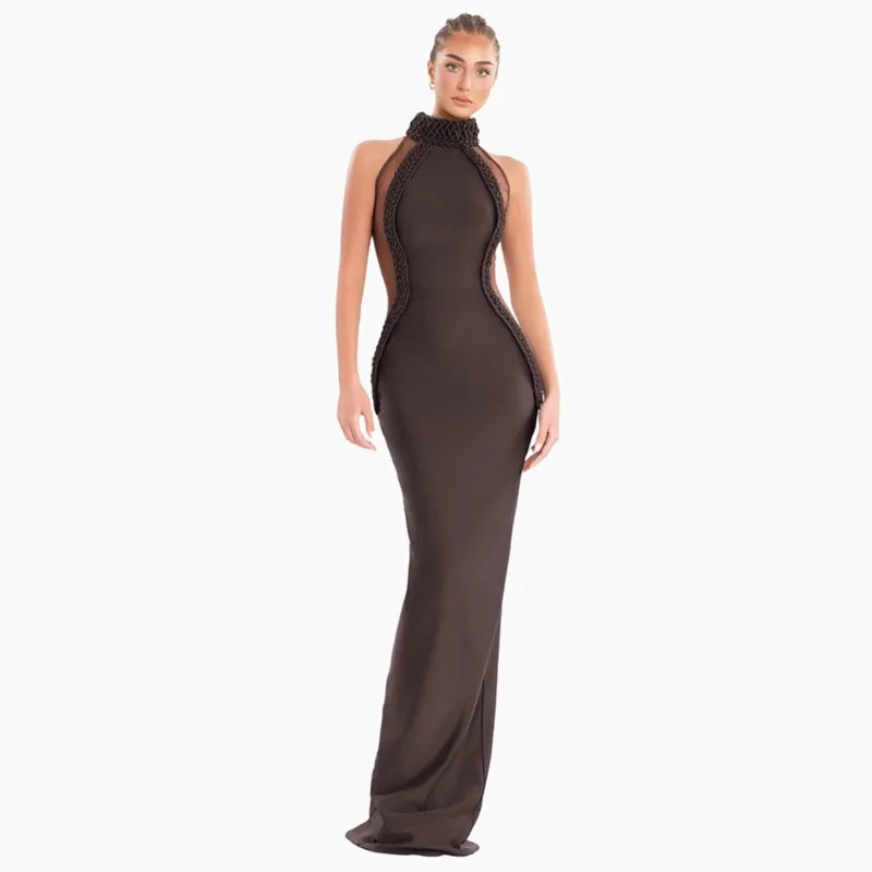 

A fashionable off-the-neck coffee-colored braided rope dress with stylish sleeveless slit