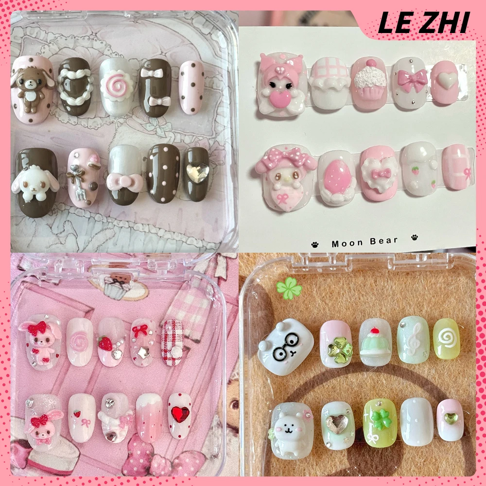 

10Pcs Cute Sanrio Hellokitty Short Square Round Handmade Press On Nails 3D Cartoon Bow Diamond Flowers Love Wearable False Nails