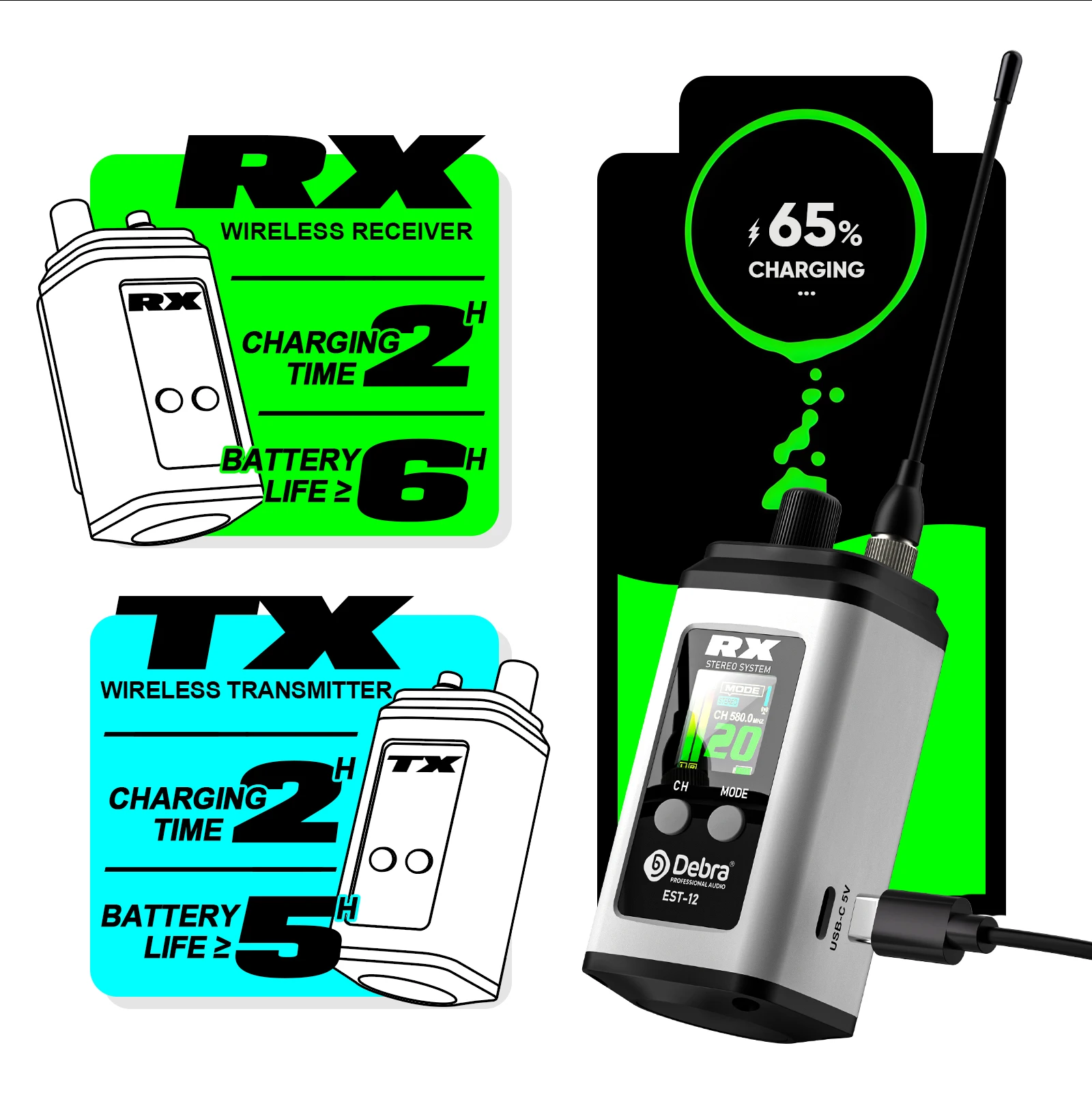 Debra EST-12 نظام مراقبة لاسلكي UHF ستيريو داخل الأذن ثنائي القناة محمول قابل لإعادة الشحن 560 ~ 590 ميجا هرتز