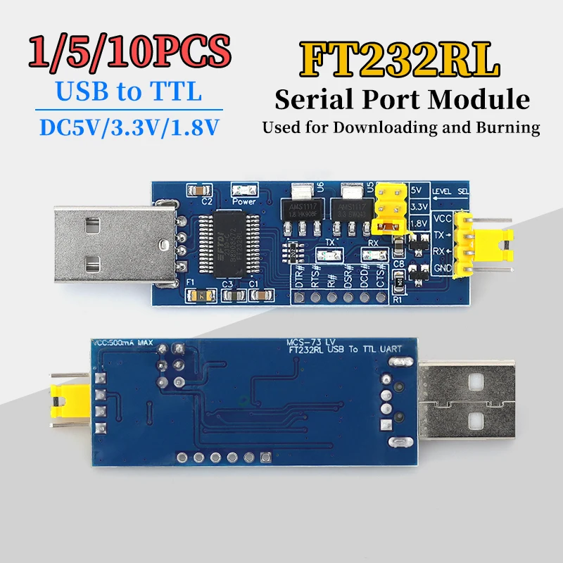 1/5/10PCS FT232RL Serial Port Module USB to TTL Serial Port Board DC5V/3.3V/1.8V for Downloading and Burning