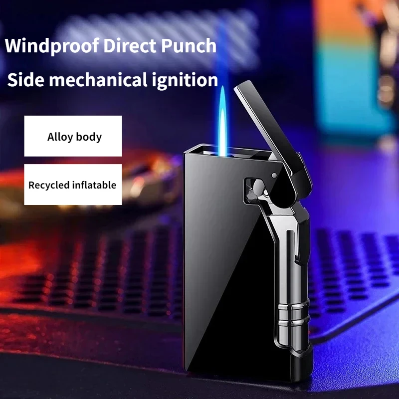 New Metal One Key Press Ignition Inflatable Lighter Outdoor Windproof Spray Blue Flame Turbine Portable Lighter Smoking Gift