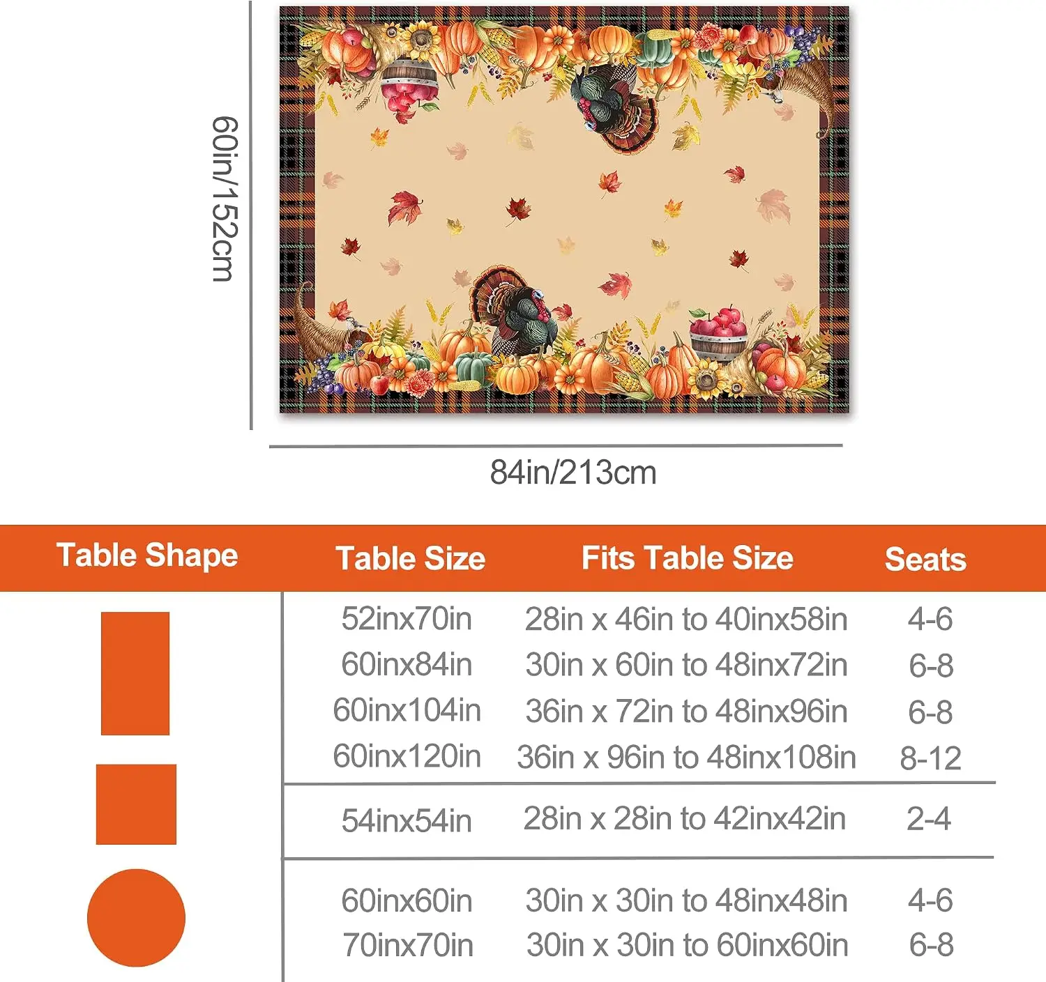 Fall Thanksgiving Turkey Pumpkin Maple Leaves Tablecloth for Table Decor Reusable Kitchen Dining Tablecloth Autumn Decoration