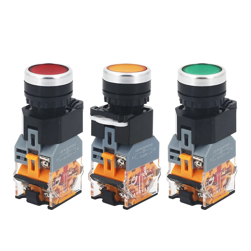 22mm LA38-11D/11DS Quality Sliver Contact Push Button Switch with Light on/Off Momentary/Latching220V LED Indicators