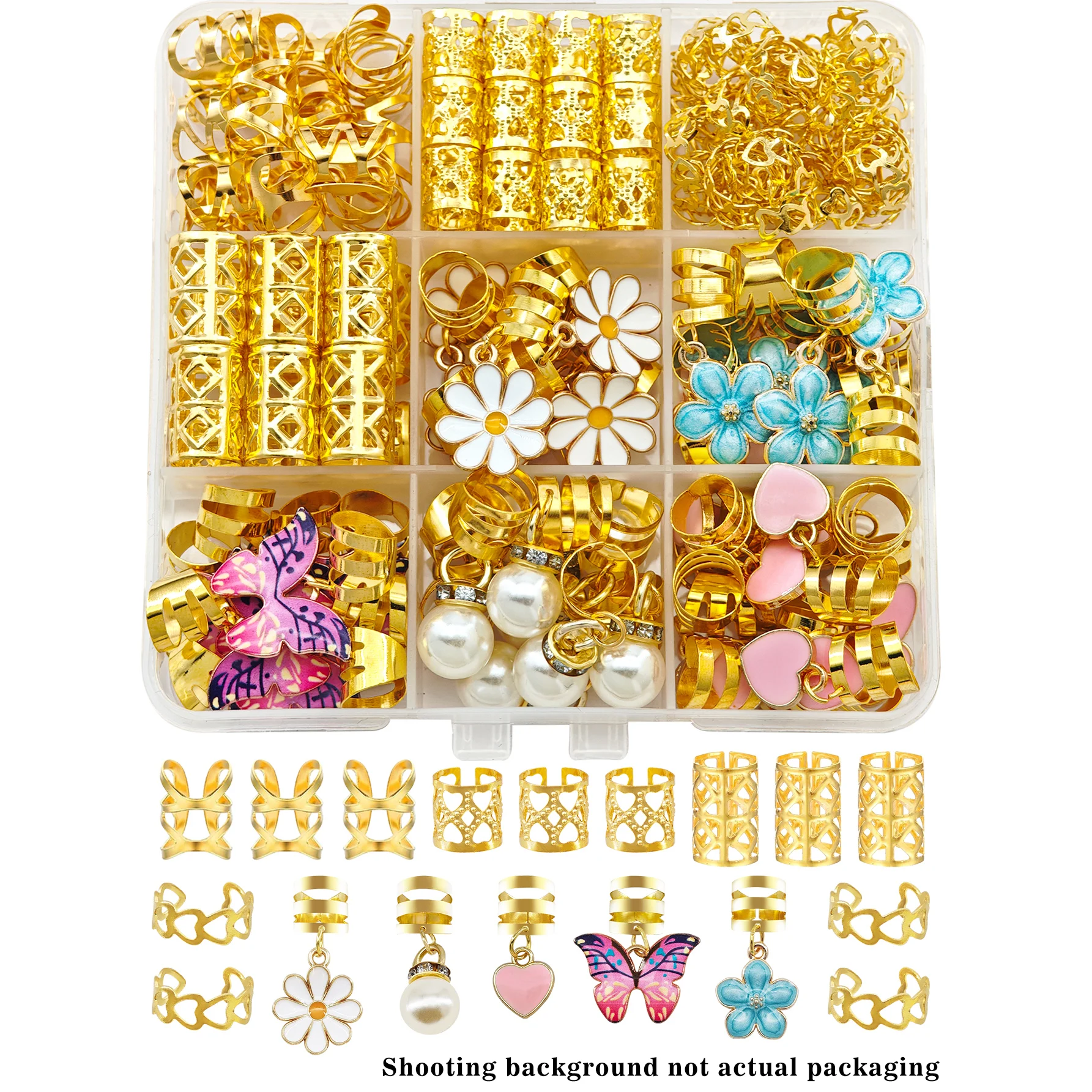45pcs Pink Heart & Butterfly  White Paerl & Daisy Hair Rings – Delicate Adjustable Cuffs, Hair Jewelry for Dreadlocks