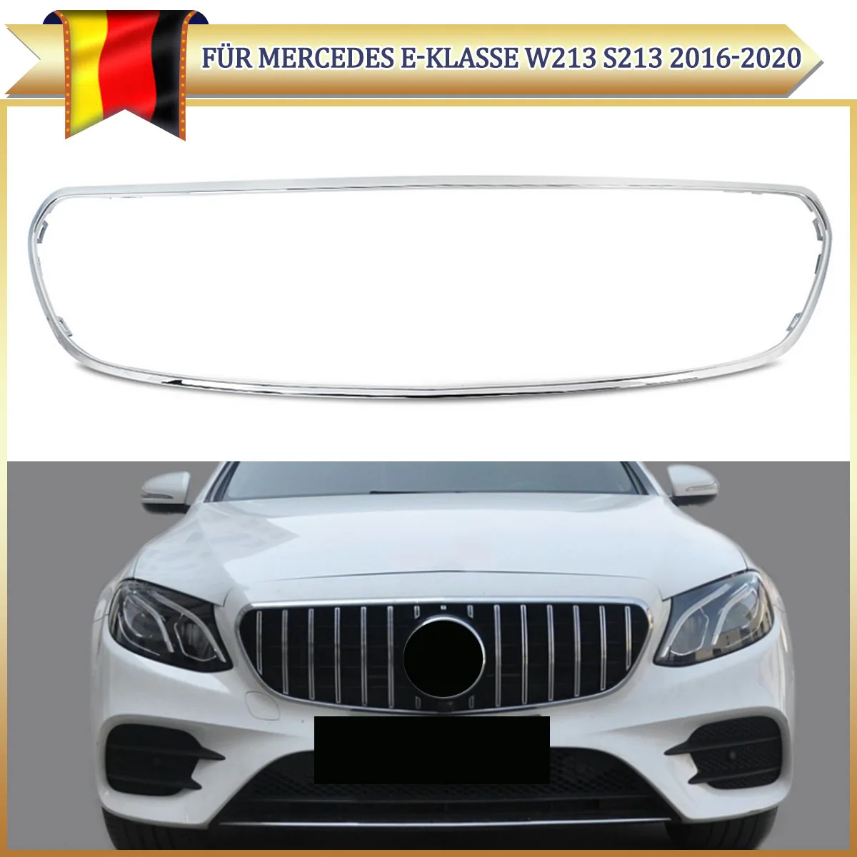 Chrom für Mercedes-Benz E-Klasse W213 E300 E400 2016-2019 Frontgrill-Umrandung Zierleiste Kühlergrill-Mittelverkleidung für 2138850200 ABS