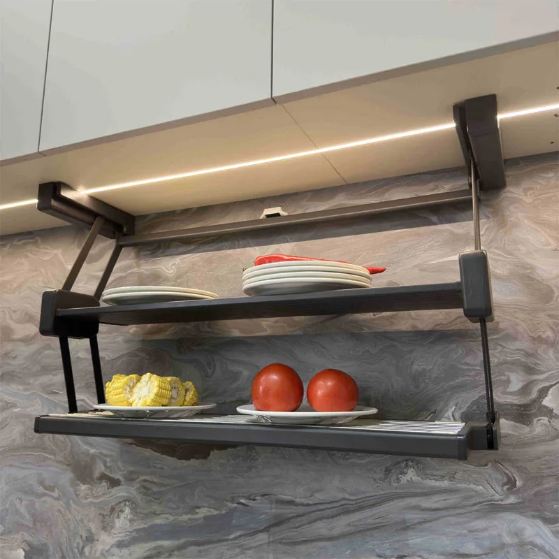 رف تخزين حديث قابل للطي مكون من طبقتين، جهاز تخزين أدوات المائدة التلسكوبي القابل للسحب