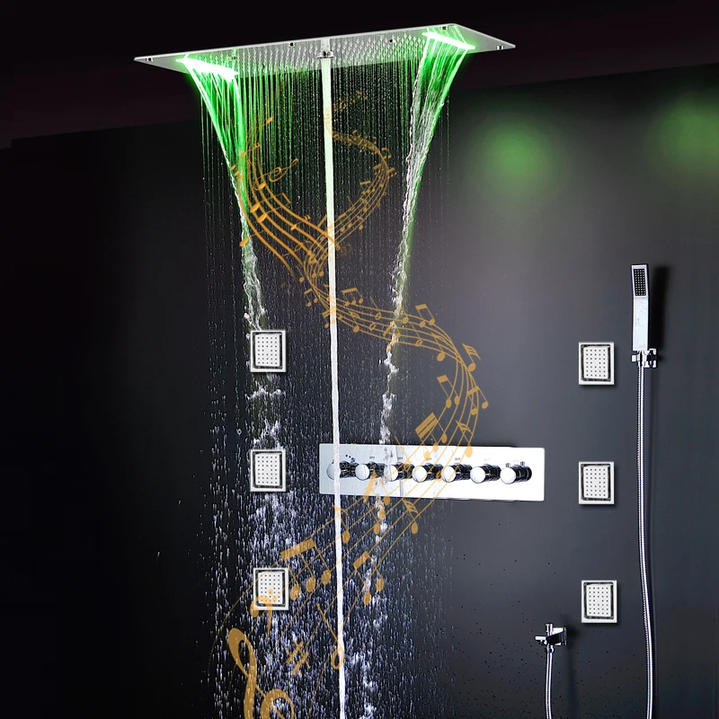 High Flow Thermostatic 6 Functions LED Shower Set Bathroom Music Rain Mist Waterfall Column Massage Ceiling Shower Panel 800x380