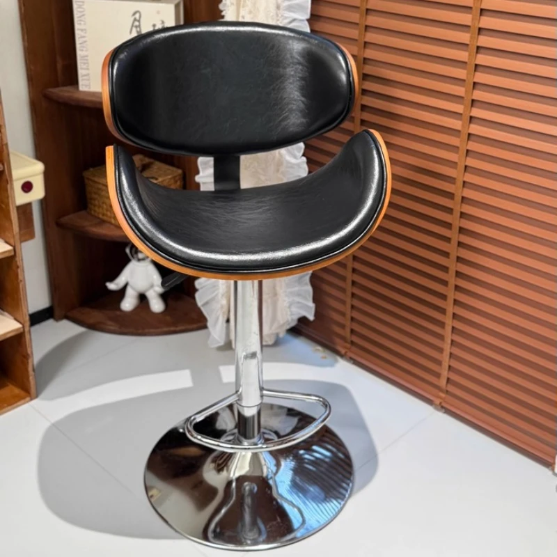Light Luxury Iron Bar Stool Lift Swivel Home Island High Stool Wooden Backrest Front Desk Chair Conference Room Reception Stools