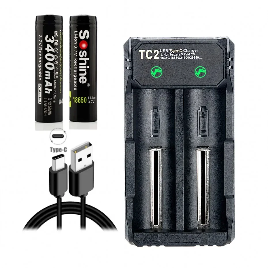 Soshine 2PCS 18650 3400mAh 3.7V Li-ion Rechargeable Battery Protected With USB 2-slot Smart Type-C Fast Charger