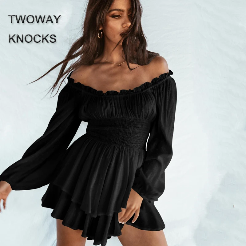 Fashion Ruffle Long Sleeve Mini Dress Sexy Slim fit Straight collar Off Shoulder Womens dresses Casual Solid color Pleated Dress