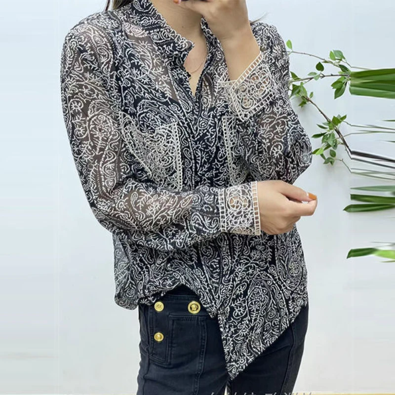 European and American Style Spring and Summer New Style Stand Collar Single Breasted Cashew Nut Print Casual Embroidered Pocket