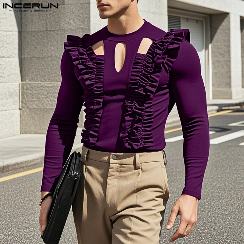 Casual T Shirts Men INCERUN 2025 Men Hollow Out T-shirts Handsome Male Solid Color All-match Long Sleeve Camisetas S-5XL