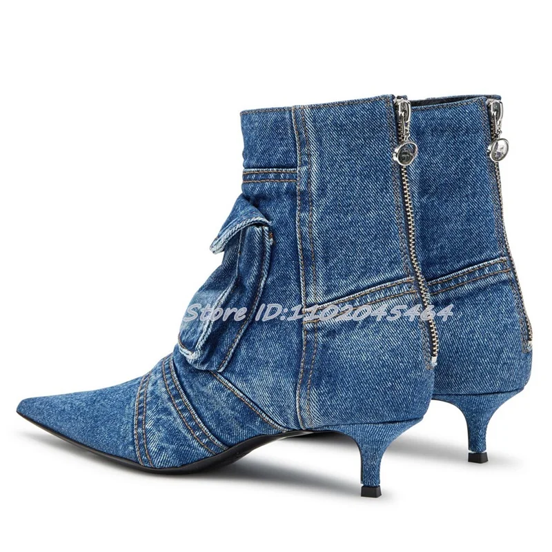 Black/Blue Denim Low Heels Ankle Boots Pointed Toe Pockets Zipper Sexy 2024 Winter New in Booties Luxury Designer Women's Shoes image 3