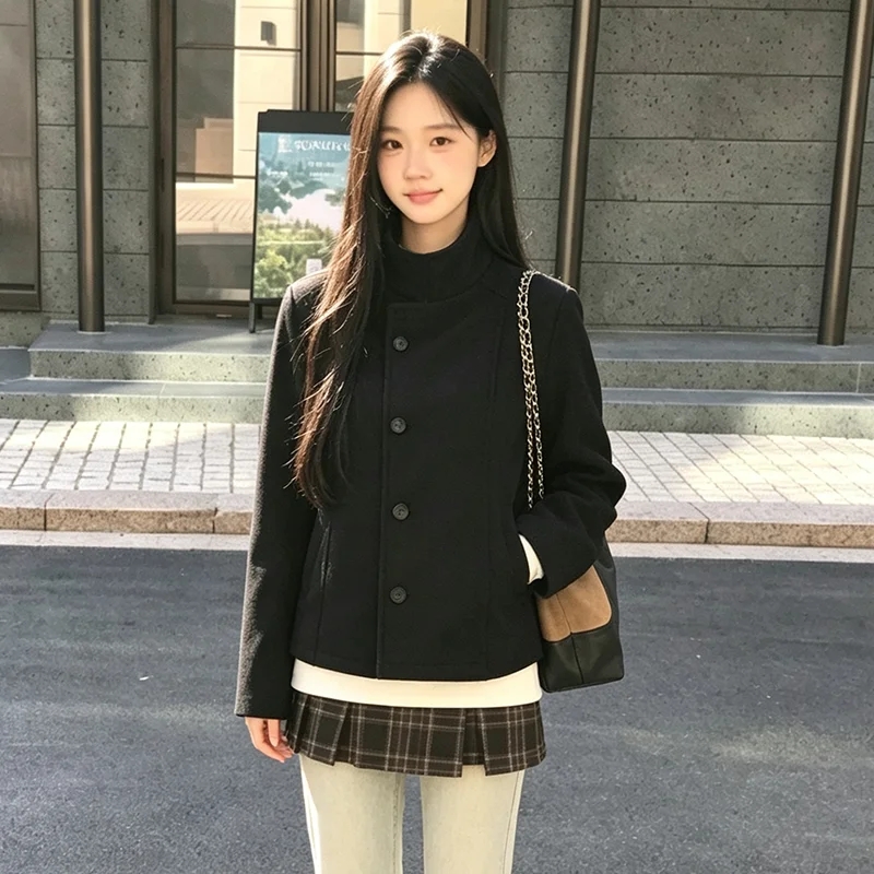 Japanese And Korean Style Black Blended Jacket Women's Stand Collar Slanted Button Slim Fit Cut Jacket Casual Commuting Coat