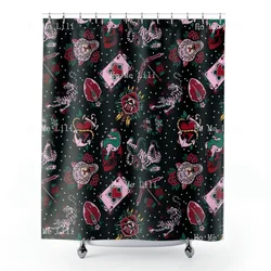 Tattoo Print Shower Curtain Unique Eccentric Alternative Kitsch Retro Ink Flash Rockabilly Psychobilly Bathroom Home Decor
