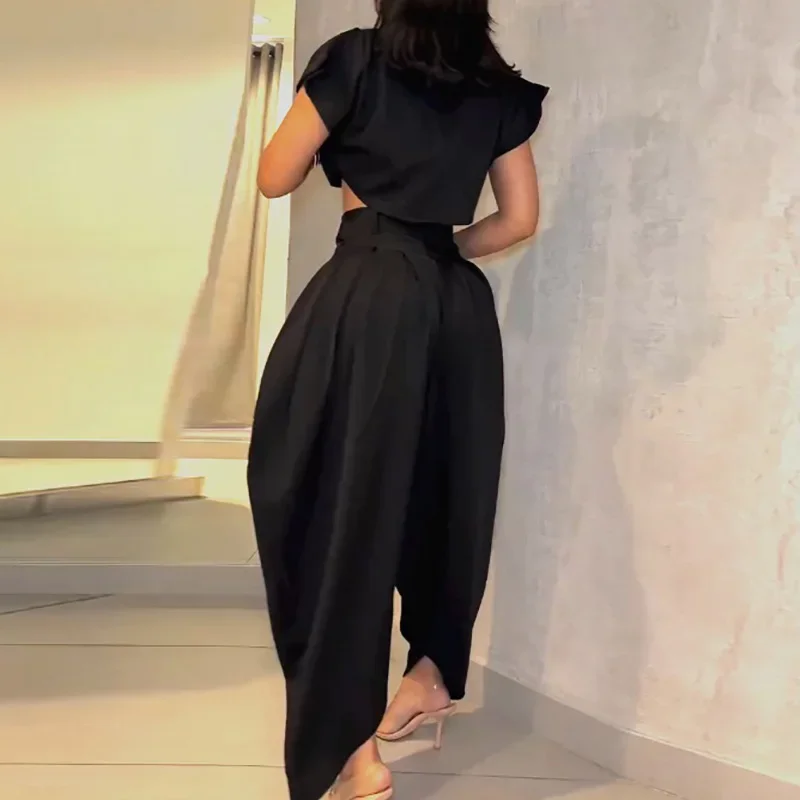 Nice Black Loose Summer Women's Outfit Fashion O-neck Short Sleeved Top With Long Pants Suit Office Sexy Exposed Navel Two Piece
