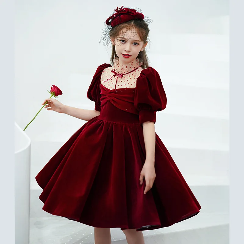 Maroon Christmas Dress Green Girls  Princess Party Gown Kids Winter Long Sleeve Ruffle Sequin Dresses Solid Color Velvet Elegant