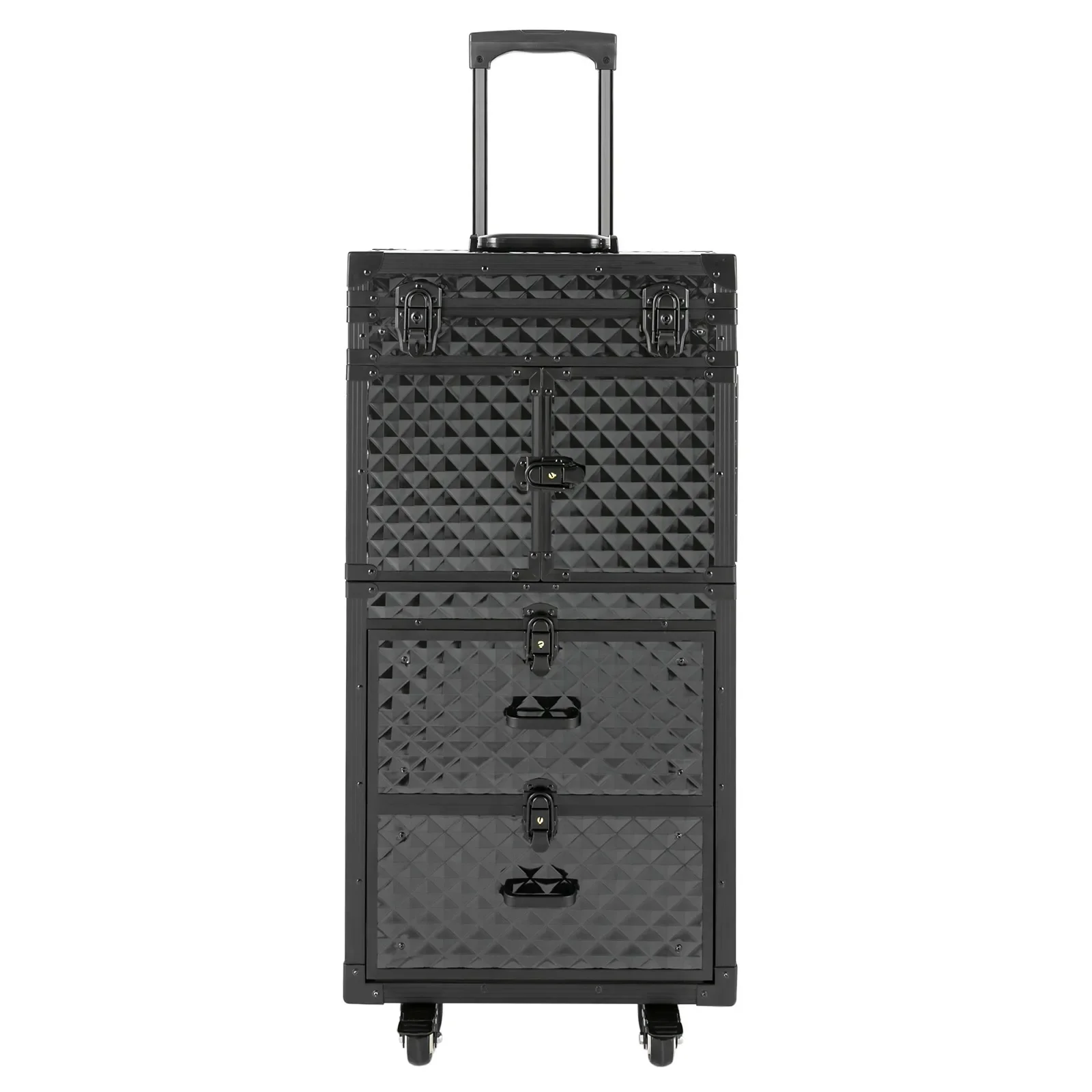 Professional Makeup Train Case with Multi-Layer Storage, 2 Drawers, Secure Locks, Four Wheels (2 with Brakes), Stylish Black