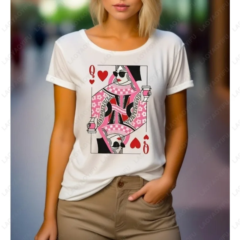 

Valentines Day Queen of Hearts Men Women Tshirt Red Card Deck Sublimation Design Tee Cotton Short Sleeve Classics Street Fashion