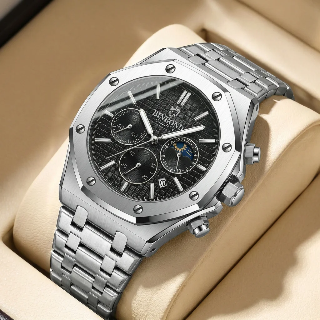 

1pcs Modern Octagonal Case Stainless Steel Strap Watch Chronograph Date Moon Phase Black Dial Stylish Versatile Men's Wr