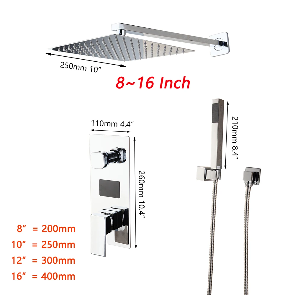 Monite LED Chrome Polish Bathroom Shower Faucet Rainfall Shower Head 3 Functions Digital Display Mixer Shower Faucet Set