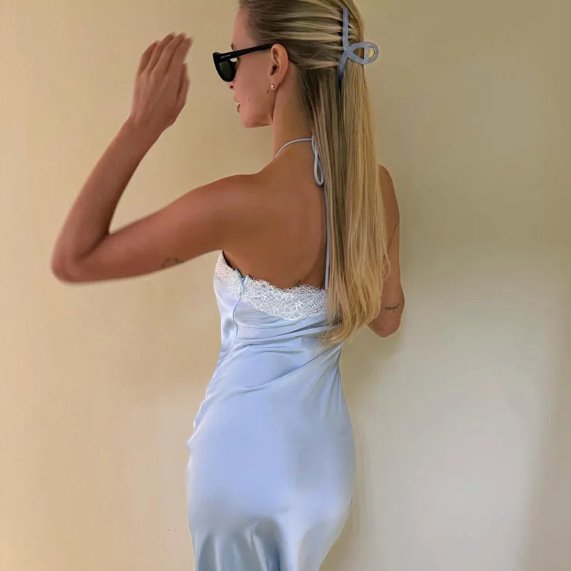 Slim Bodycon Summer Sleeveless Soft Casual Chic Bright Midi Dresses Designed For Women Street French Lace Patchwork Neck-Mounted