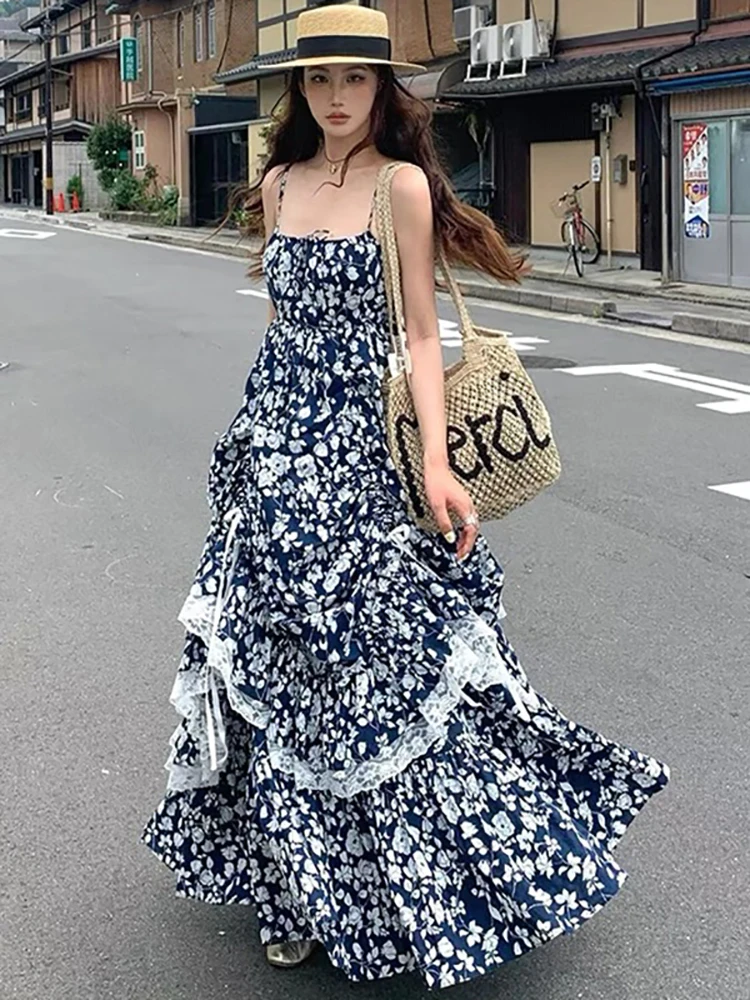 

2025 Blue Floral Chic Lace Ruffled Casual Long Dress Women Elegant Luxury Sling Sexy Dress Summer Korean Bodycon Festival Dress