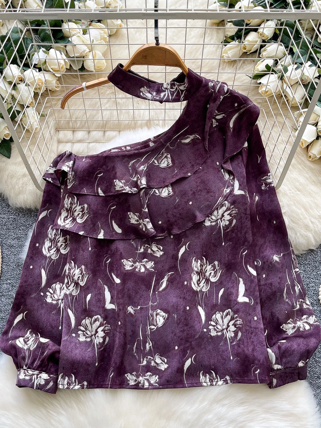 Francuski styl, drukowany, długi rękaw, odkryte ramiona, spódnica, damska, jesienna, uniwersalna, elegancka, osobowość, top, lekki, dojrzały styl.