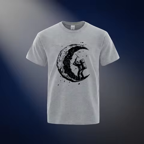Camiseta Masculina de Alta Qualidade em Mistura de Algodão com Estampa Lunar, Casual, Fresca para o Verão, Manga Curta, Solta, Camiseta Masculina, Camiseta Top Masculina.