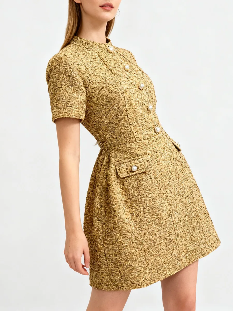 TWOTWINSTYLE Solid Slimming Spliced Buttons Elegant Dresses for Women Round Enck Short Sleeves High Waist Mini Dress Female New