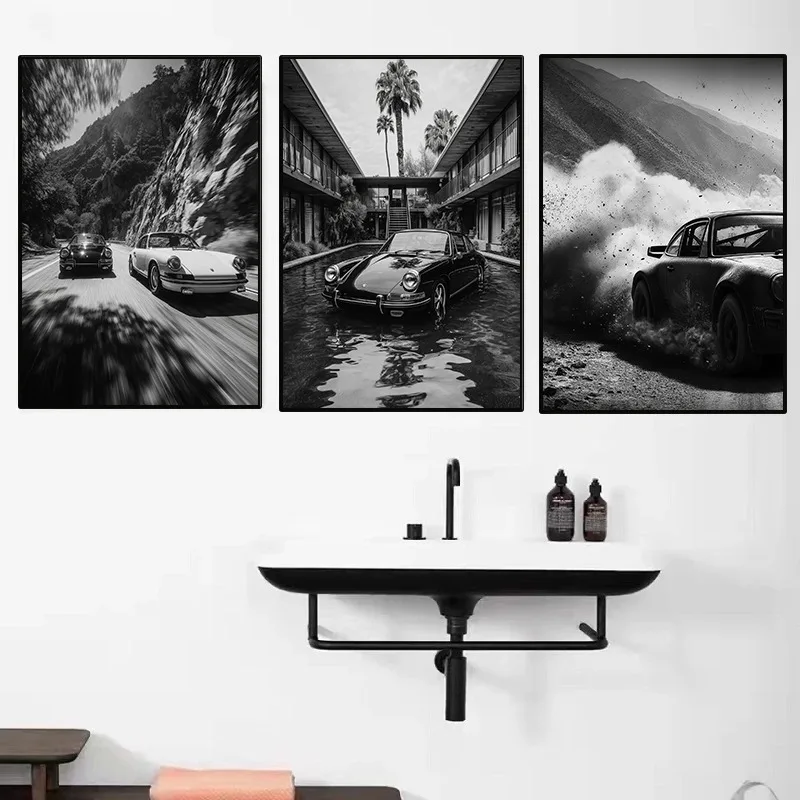 Vintage Black and White Automotive Poster Famous Brand Sports Car Racing Photography Canvas Painting Wall Art Room Home Decor