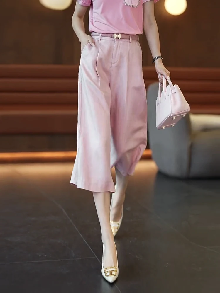 

Pink Ice Silk Wide Leg Pants Women's Summer New High End Linen Casual Thin Seven-Five Pants High Waist Straight Cut