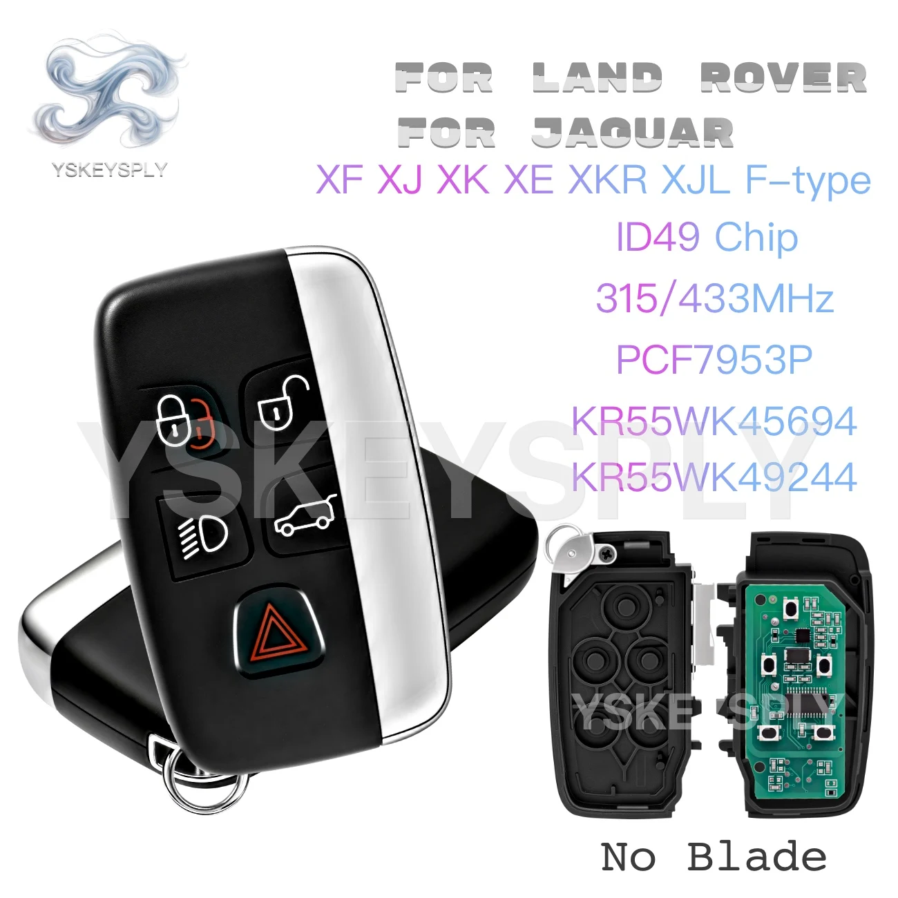 

For Land Rover For Jaguar Smart Key Fob 315/433MHz ID49 PCF7953P 5 Button For XF XJ XK XE XKR XJL F-Type No Blade
