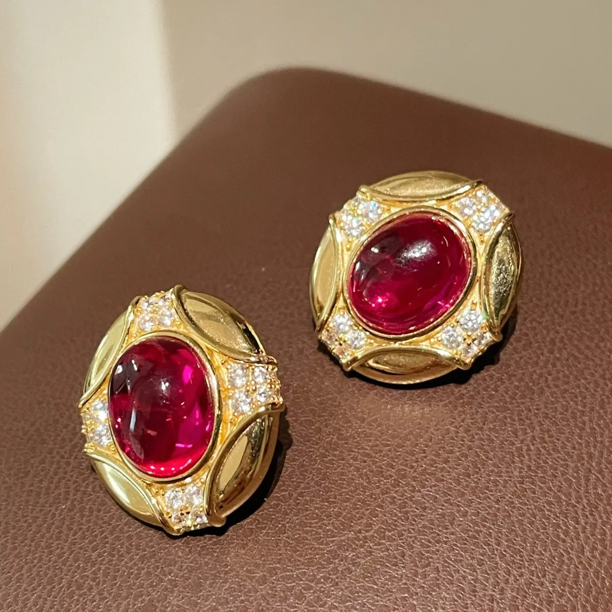 

925 Silver, Gold Plated, High Carbon Diamond Cultured Ruby K Yellow Pigeon Blood Red, Sparkling Diamond Earrings