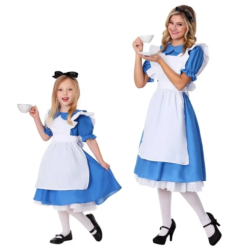 Kids Girls Blue maid Costume princess Party Maid Lolita Cosplay Adult Women Halloween Princess Fancy Dress Up Outfit