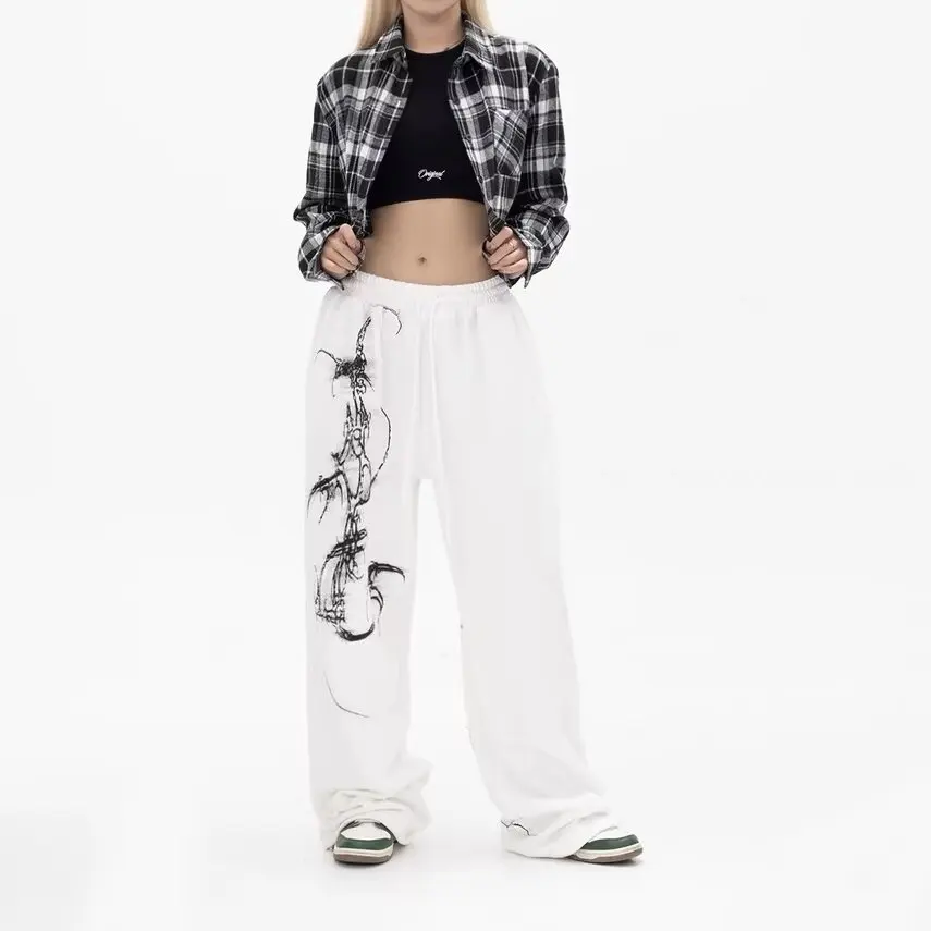 Sweatpants Y2K Women Gothic Hip Hop Printing Drawstring Fitness Pants Retro Baggy Harajuku Elastic Waist Jogging Casual Pants