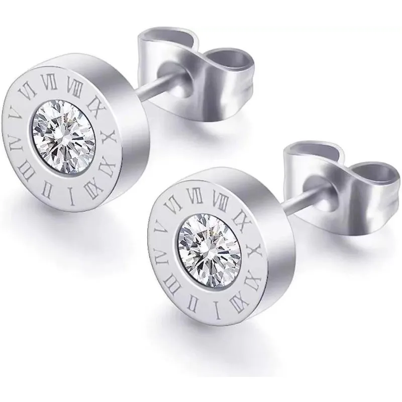 2Pcs 316 Stainless Steel Round Shine AAA CZ Diameter Roman Numeral Stud Earrings For Women, High Quality Piercing Jewelry Gift