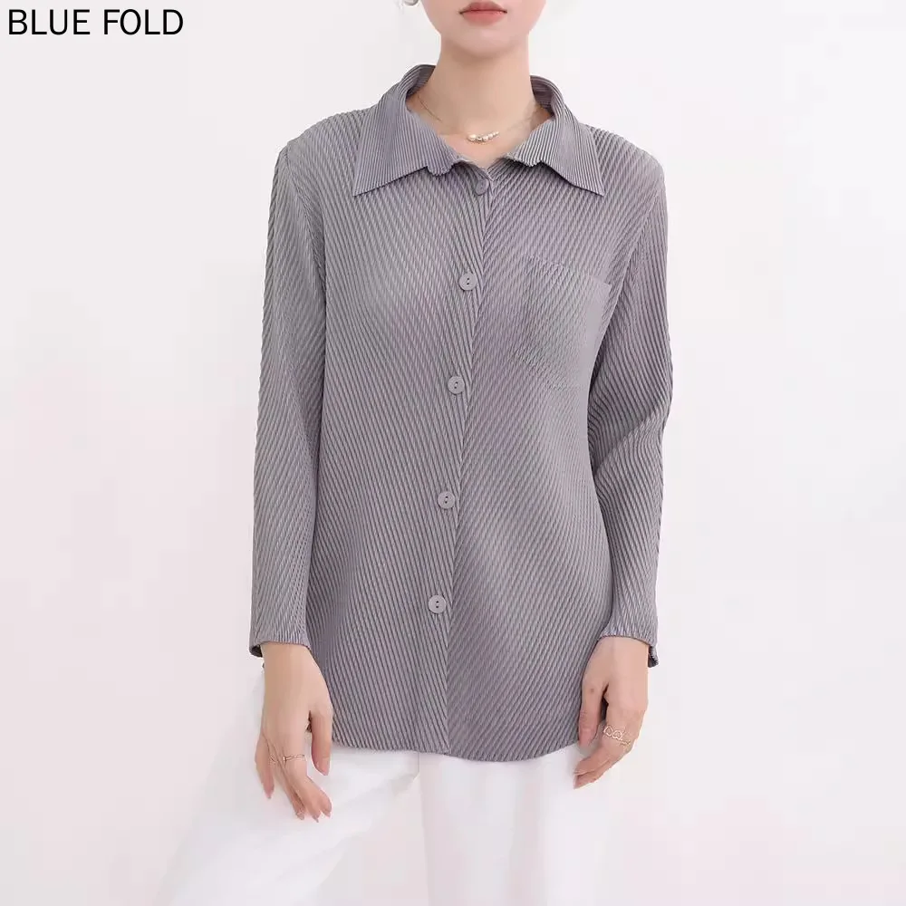 MIYAKE Women's Shirt High-end Autumn New Style Fashion Casual Fish Scale Pleated Lapel Button-down Versatile Swallowtail Top