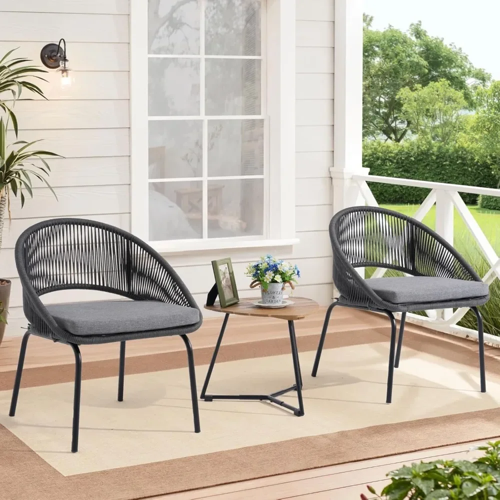 

3 Pieces Woven Rope Bistro Set, Patio Outdoor Furniture Conversation Sets with Chairs, Coffee Table and Cushions for Porch