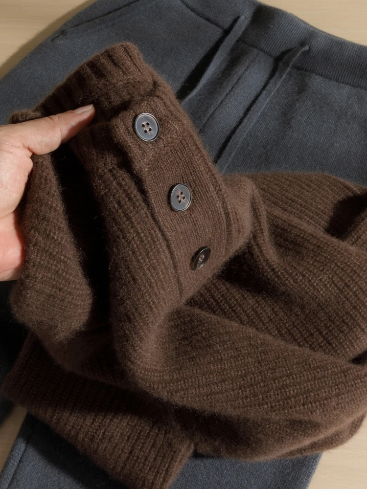 

100% pure cashmere sweater for men's ingot needle thick three-button round neck long sleeve pullover long sleeve sweater