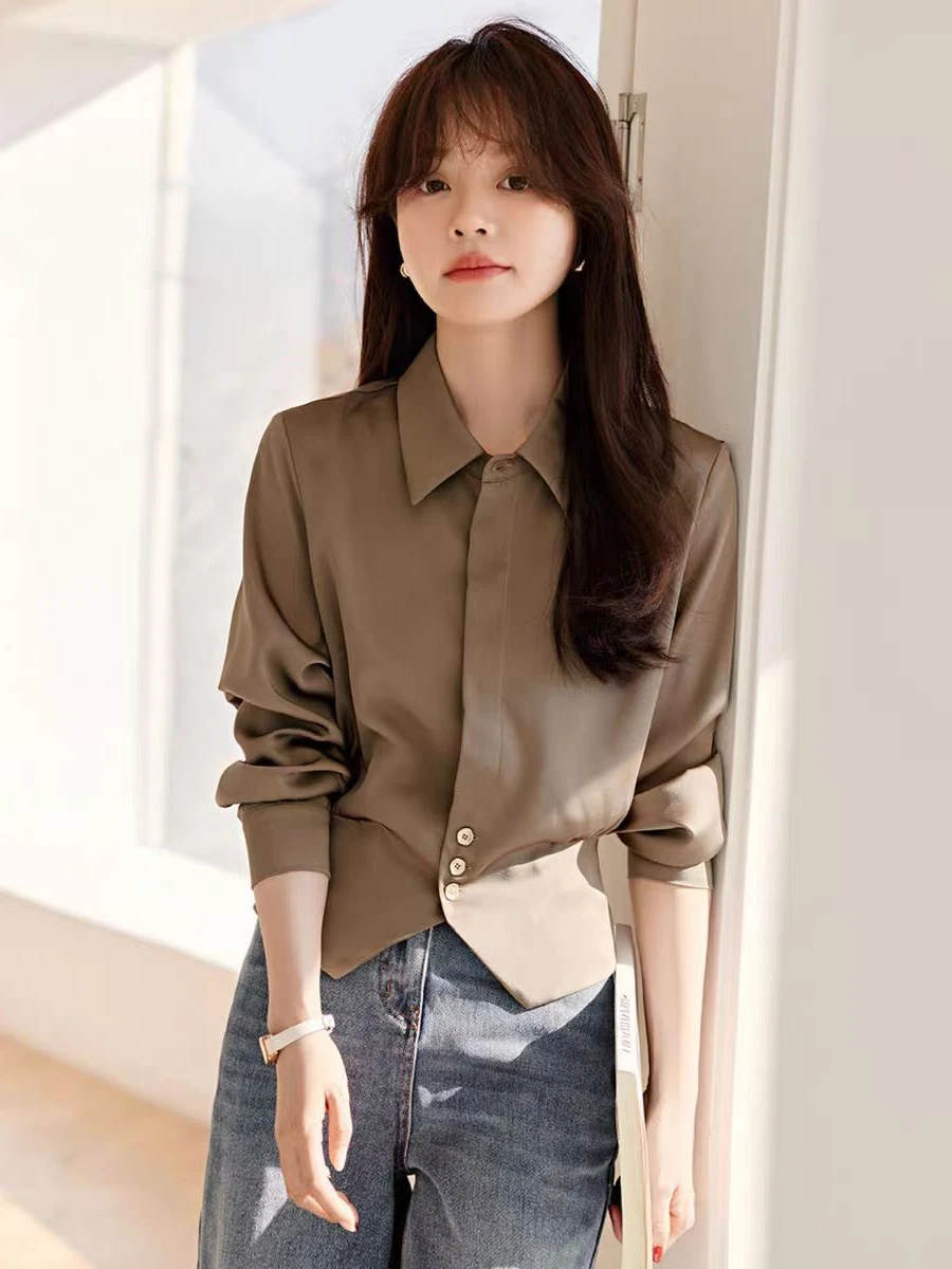 

Ele ort irt Women's Faion Design Turn-down Collar Waist-cinched Luxury European Sle Spring 2025 Long Sve Polye...