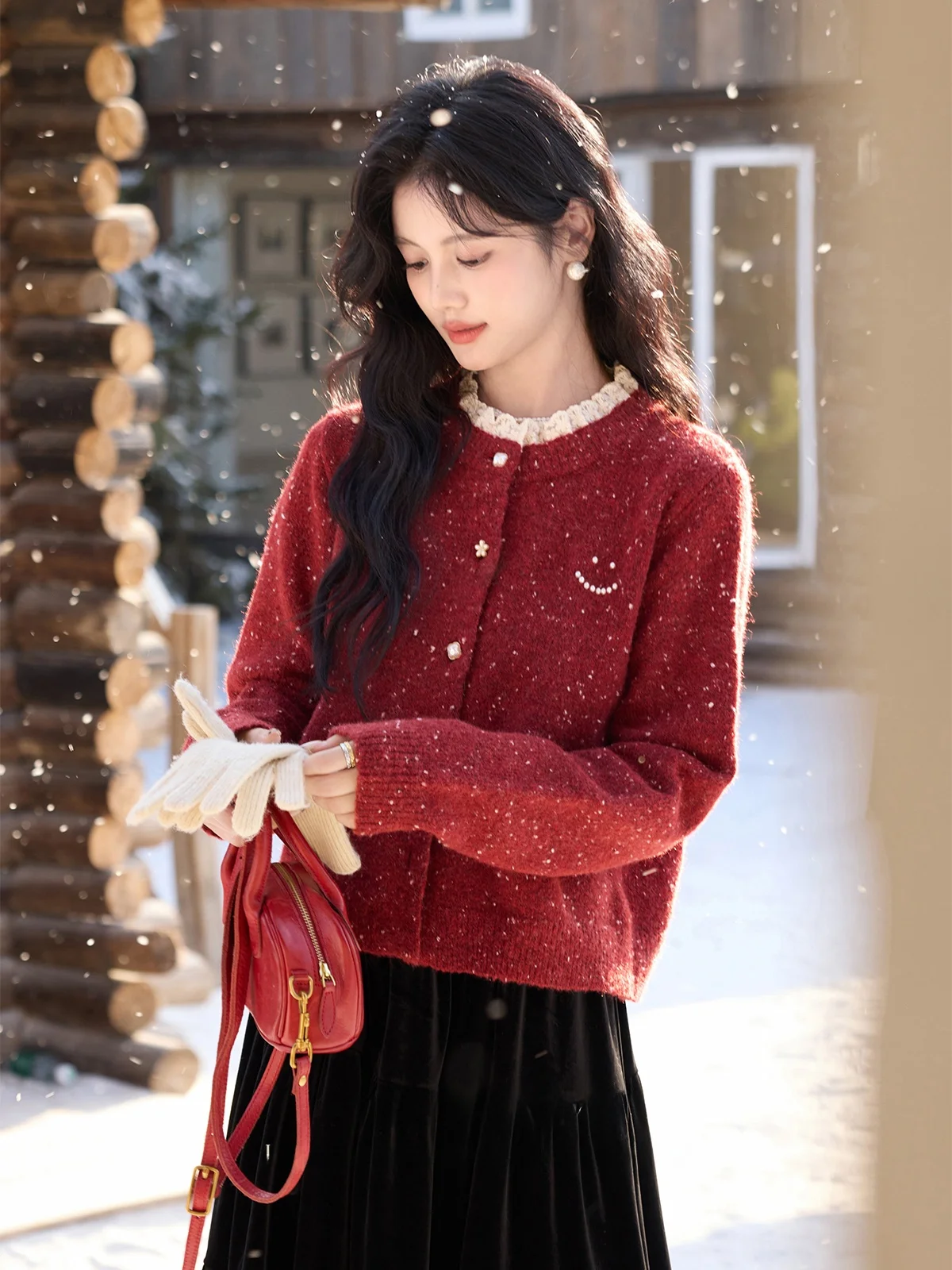 

Красный женский свитер Cisas Ele, осень-зима Faion Sweet Sle, свободный крой, длинный све, круглая карта на одной пуговице...