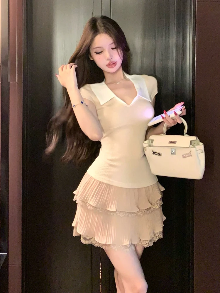 

Casual Elegant Pure Short Sleeve T-Shirt Top Heavy Embossing Half Skirt Set Fashionable Baking Cake Style Youthful Summer Outfit